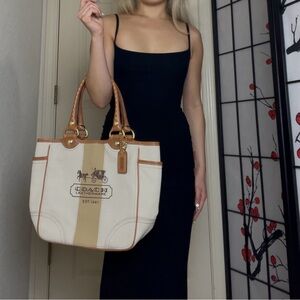 Cream Ivory Canvas Vintage Coach Bleecker Heritage Stripe Leather Trim Tote Bag